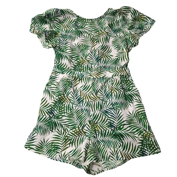 Loft Medium Green White Palm Linen-blend Tie-back Romper Pockets Tropical - Picture 4 of 15